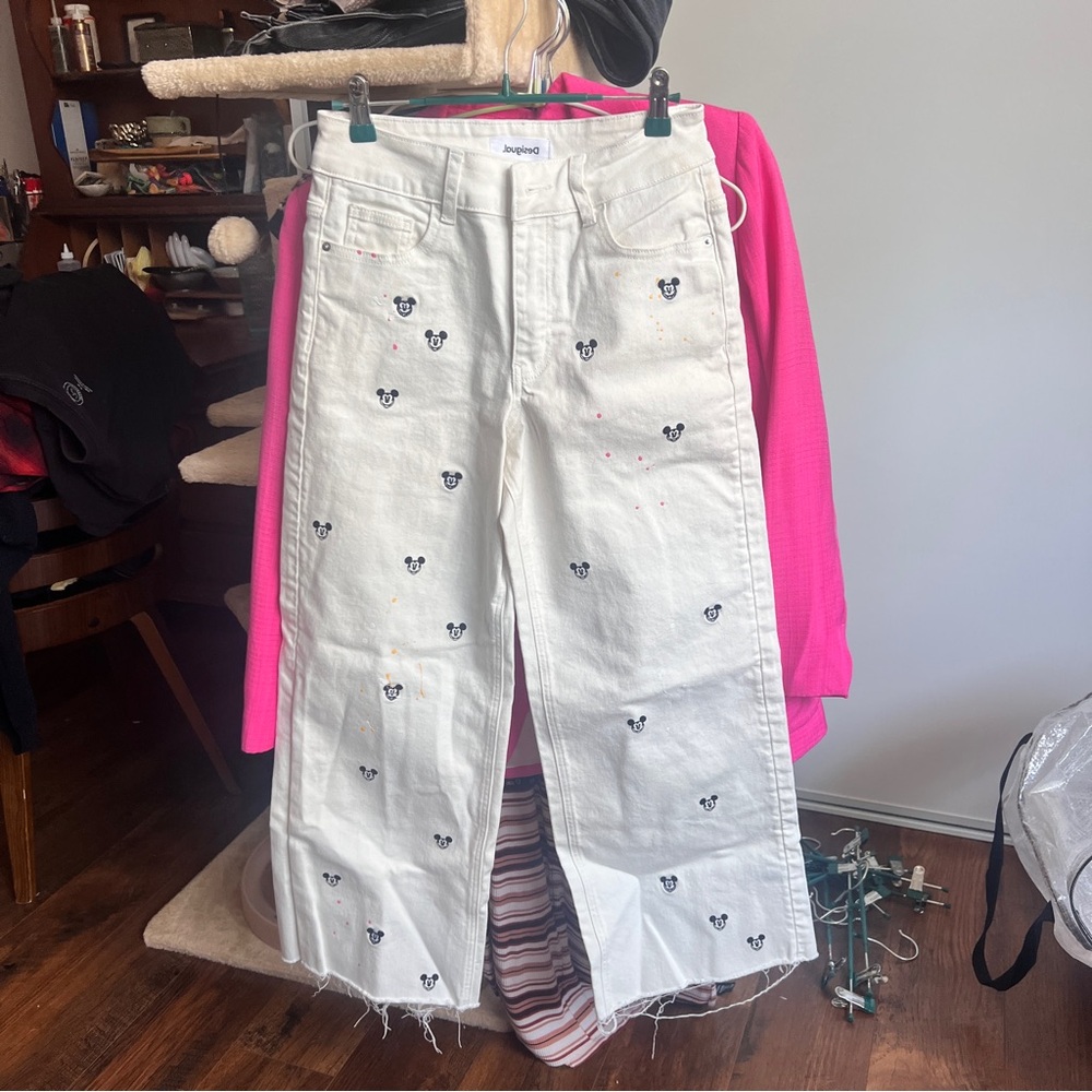 Disney White Ankle Cropped Jeans with Distressed Design